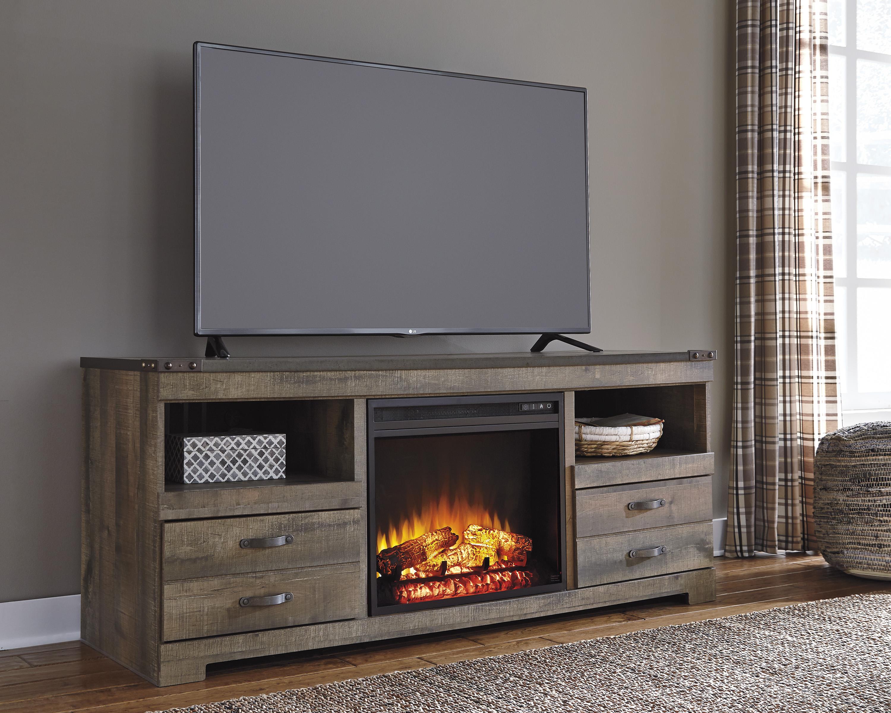 Signature Design by Ashley Trinell Rustic Large TV Stand with Fireplace
